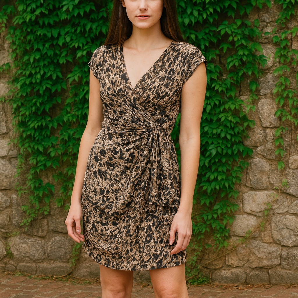Nwt Rachel Zoe Brown And Tan Print Hannah Silk Animal Print Surplice Dress, 4